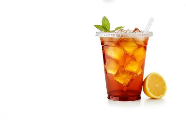 Premium AI Image  Iced lemon tea on plastic takeaway glass isolated on  white background with copy space