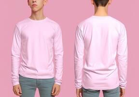 Man wearing a pink T-shirt with long sleeves. Front and back view. photo