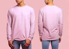 Man wearing a pink T-shirt with long sleeves. Front and back view. photo