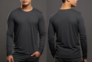 Man wearing a grey T-shirt with long sleeves. Front and back view. photo