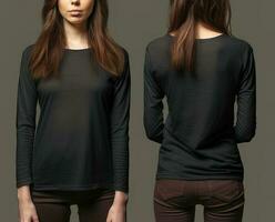 mujer vistiendo un negro camiseta con largo mangas frente y espalda vista. ai generado foto