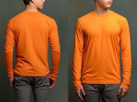 Man wearing a orange T-shirt with long sleeves. Front and back view. photo