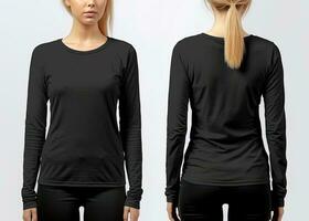 Woman wearing a black T-shirt with long sleeves. Front and back view. ai generated photo