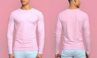 Man wearing a pink T-shirt with long sleeves. Front and back view. ai generated photo