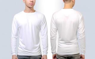 Man wearing a white T-shirt with long sleeves. Front and back view. photo