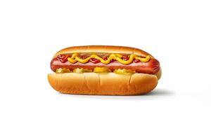 Hot dog with mustard and ketchup isolated on a white background. photo