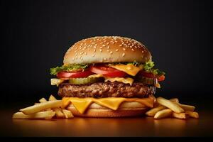 fresh tasty burger and french fries on dark background. ai generated photo