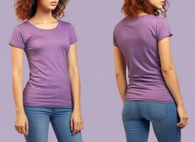 Photo realistic female purple t-shirts with copy space, front, and back view. ai generated