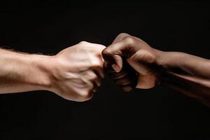 close up of a fist bump isolated on black background, hands and teamwork, support or collaboration for team building, solidarity or unity, hand connection, partnership or greeting. photo
