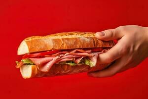 Hand holding tasty sandwich on a red background. ai generated photo