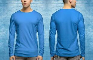 Man wearing a blue T-shirt with long sleeves. Front and back view. ai generated photo