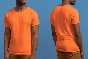 Photo realistic male orange t-shirts with copy space, front, and back view. ai generated