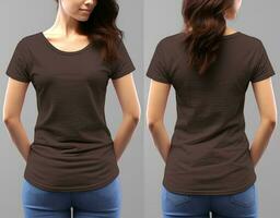 Photo realistic female brown t-shirts with copy space, front, and back view. ai generated