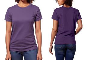 Photo realistic female purple t-shirts with copy space, front, and back view. ai generated