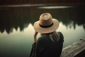 mature woman wearing a hat sitting on the edge of the wooden jetty at a calm lake. ai generated photo