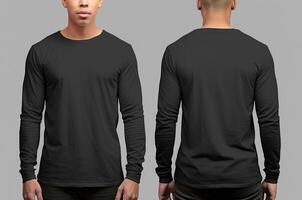 Man wearing a black T-shirt with long sleeves. Front and back view. ai generated photo