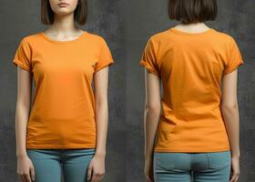 Photo realistic female orange t-shirts with copy space, front, and back view. ai generated