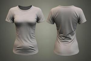 Grey female t-shirt realistic mockup set from front and back view, blank textile print design template for fashion apparel. photo