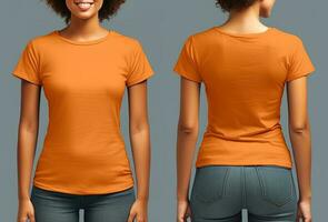 Photo realistic female orange t-shirts with copy space, front, and back view. ai generated