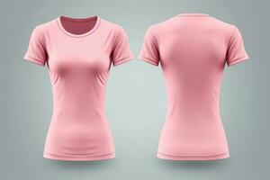 rosado hembra camiseta realista Bosquejo conjunto desde frente y espalda vista, blanco textil impresión diseño modelo para Moda vestir. ai generado foto