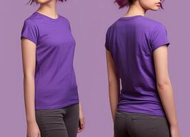 Photo realistic female purple t-shirts with copy space, front, and back view. ai generated