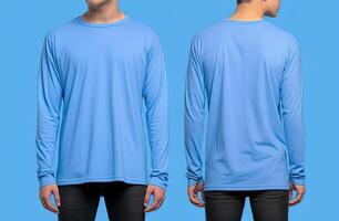 Man wearing a blue T-shirt with long sleeves. Front and back view. ai generated photo