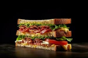 Fresh delicious sandwich isolated on dark background. AI Generated photo