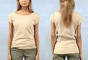 Photo realistic female beige t-shirts with copy space, front, and back view. ai generated