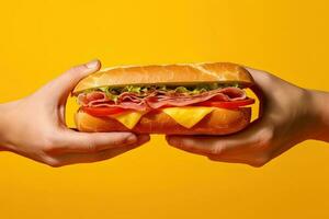 Hand holding tasty sandwich on a yellow background. ai generated photo