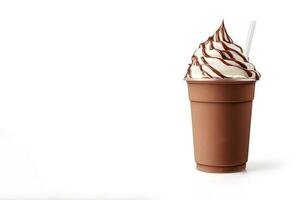 Chocolate milkshake in plastic takeaway cup isolated on white background with copy space. ai generated photo