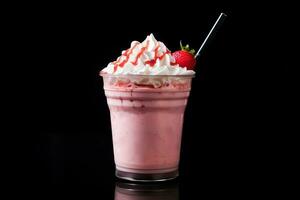 Strawberry milkshake in plastic takeaway cup isolated on black background. ai generated photo