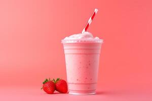 Strawberry milkshake in plastic takeaway cup isolated on pink background. ai generated photo