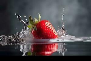 Fresco rojo fresas aislado en negro antecedentes en rociar y corriente de agua. ai generado foto