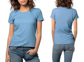 Photo realistic female blue t-shirts with copy space, front, and back view. ai generated