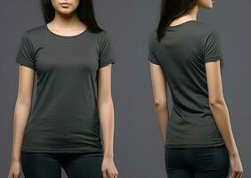 foto realista hembra gris camisetas con Copiar espacio, frente, y espalda vista. ai generado