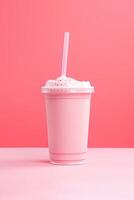 Strawberry milkshake in plastic takeaway cup isolated on pink background. ai generated photo