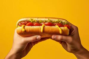 Hand holding tasty hot dog on a yellow background. ai generated photo