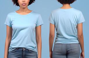 Photo realistic female blue t-shirts with copy space, front, and back view. ai generated