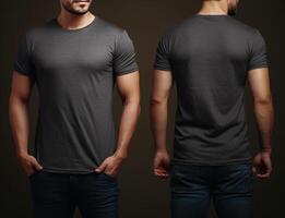 Photo realistic male grey t-shirts with copy space, front, and back view.