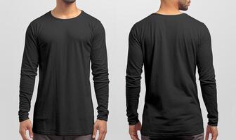 Man wearing a black T-shirt with long sleeves. Front and back view. ai generated photo