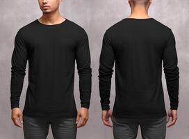 Man wearing a black T-shirt with long sleeves. Front and back view. ai generated photo