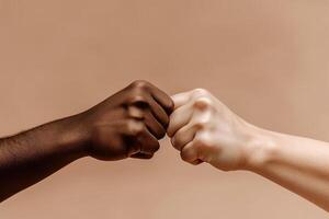 close up of a fist bump isolated on beige background, hands and teamwork, support or collaboration for team building, solidarity or unity, hand connection, partnership or greeting. photo
