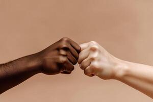 close up of a fist bump isolated on beige background, hands and teamwork, support or collaboration for team building, solidarity or unity, hand connection, partnership or greeting. ai generated photo