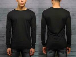 Man wearing a black T-shirt with long sleeves. Front and back view. ai generated photo