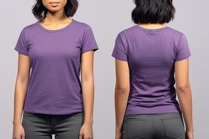 Photo realistic female purple t-shirts with copy space, front, and back view. ai generated