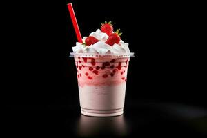 Strawberry milkshake in plastic takeaway cup isolated on black background. ai generated photo