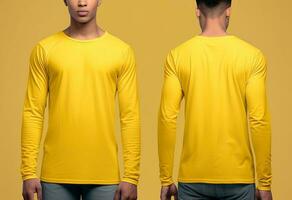 Man wearing a yellow T-shirt with long sleeves. Front and back view. ai generated photo