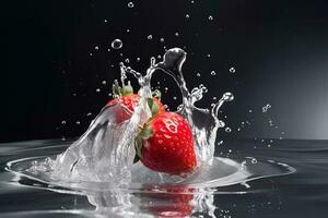 Fresco rojo fresas aislado en negro antecedentes en rociar y corriente de agua. ai generado foto