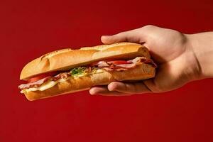 Hand holding tasty sandwich on a red background. ai generated photo