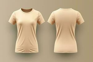 Beige female t-shirt realistic mockup set from front and back view, blank textile print design template for fashion apparel. AI Generated photo